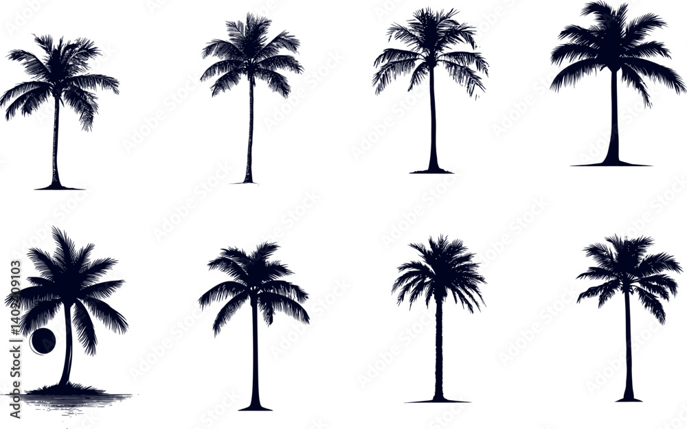 Vector Illustrations of Palm Trees in Various Styles and Orientations for Design Projects Vector Illustrations of Palm Trees in Various Styles and Orientations for Design Projects