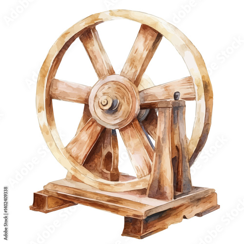 Old Wooden Spinning Wheel, watercolor vector, isolated on a white background.
