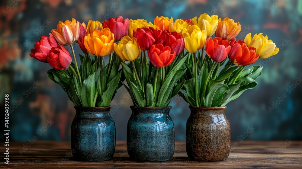 Vibrant tulips in three rustic vases. Vibrant tulips in three rustic vases.
