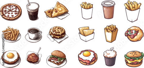 Collection of Food Icons Featuring Pizza, Burgers, Fries, and Beverages in Vector Art Style