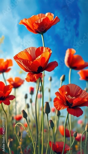 Bold impasto poppies, vibrant red & blue hues, abstract, poppies