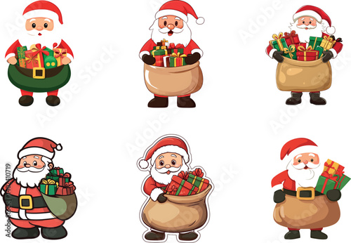Cheerful Santa Claus Illustrations Carrying Gifts in Various Poses for Festive Decorations