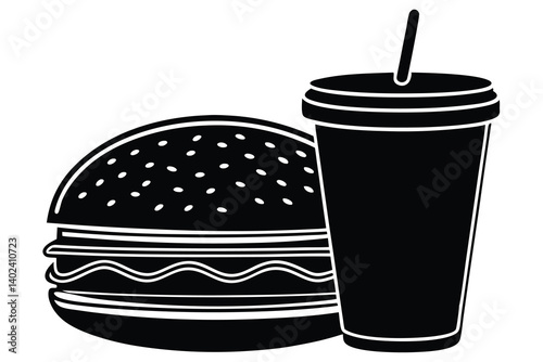 Burger and Soda Pop in Monochrome Graphic Illustration for Fast Food Concept.