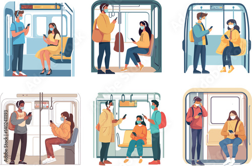 Vector Illustrations of People Using Mobile Devices While Commuting on Public Transportation