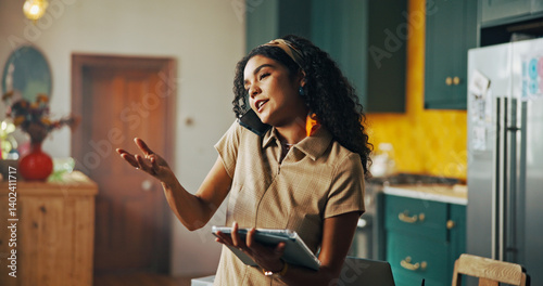 Explain, phone call and tablet with remote work woman in kitchen of home for small business planning or research. App, ideas and startup with freelancer in apartment for professional development photo