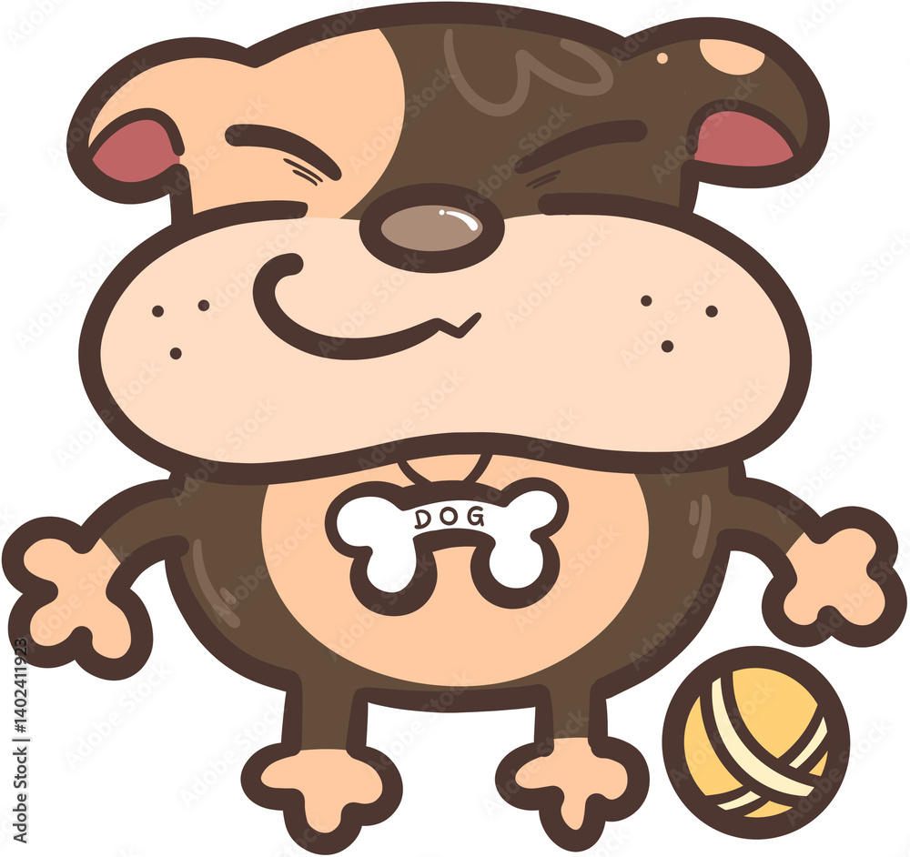 Fototapeta premium A brown dog smiles happily and a yellow ball.
