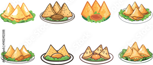 Delicious Samosas Served on Plates With Dipping Sauces and Fresh Greens in Vector Art Style