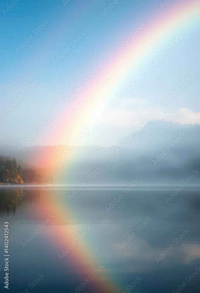 Serene rainbow mist rises gently from a calm lake's surface, rainbow, environment, whimsical Serene rainbow mist rises gently from a calm lake's surface, rainbow, environment, whimsical