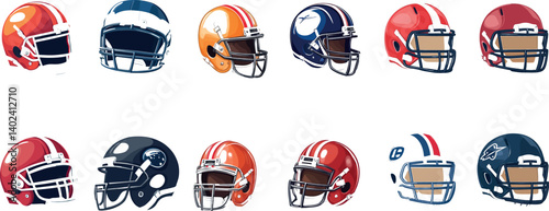 Collection of Football Helmets in a Vector Illustration Style With Vibrant Colors and Designs