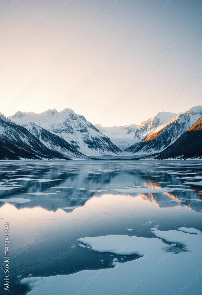 Obraz premium Sunlit frozen lake reflects snow-capped mountains, icy peaks gleam, peak, mountains