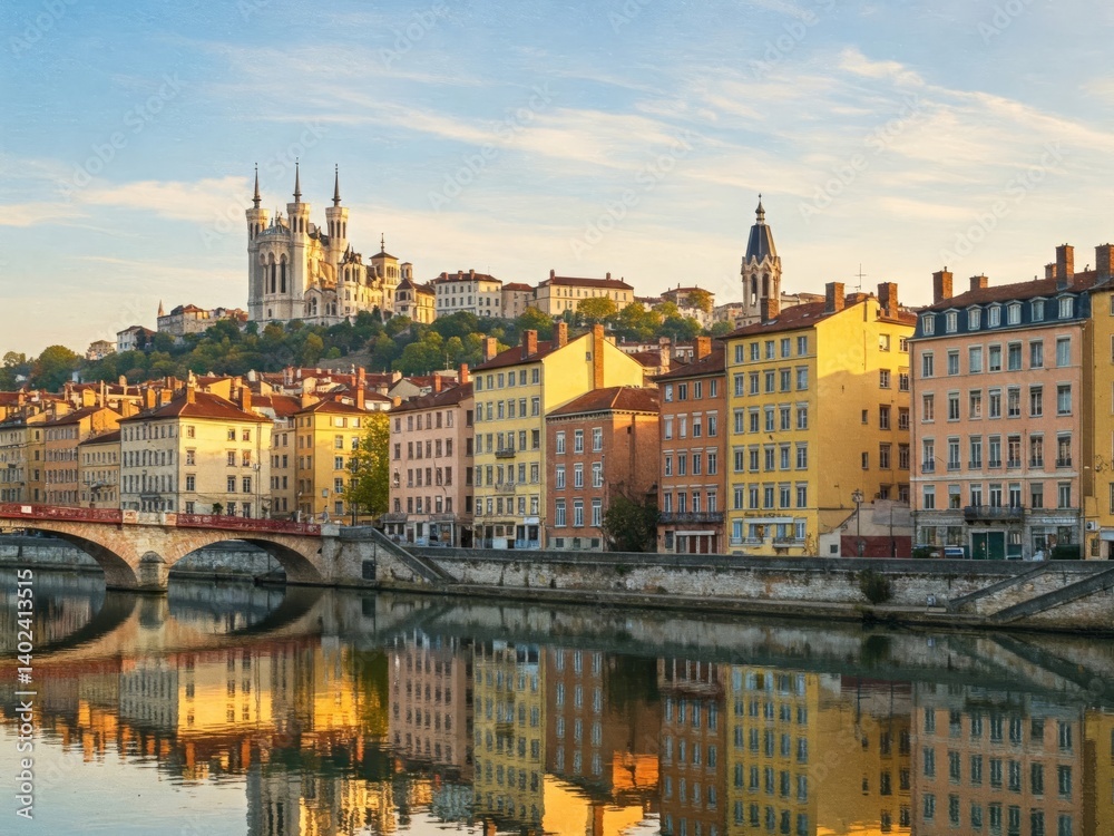 Obraz premium Lyon, France's vibrant cityscape reflects in the Sa?ne River.