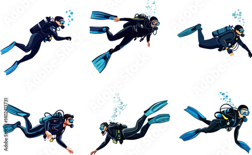 Diverse Scuba Divers Exploring Underwater Environments With Different Poses and Movements