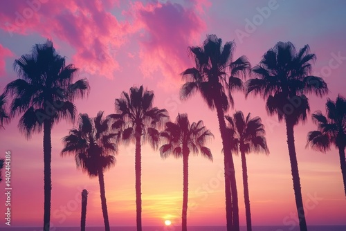 Beautiful pink sunset with palm trees in the foreground, California vibes in the background, retro style. 