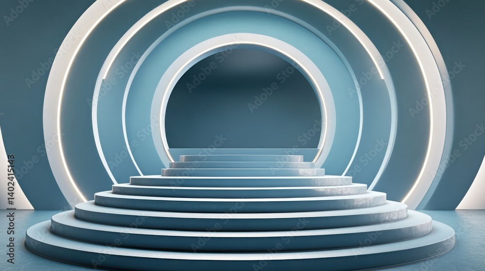 Naklejka premium Podium on the stairs, product presentation, blue background, creative geometry composition for product presentation, 3d render, 3d illustration. illustration