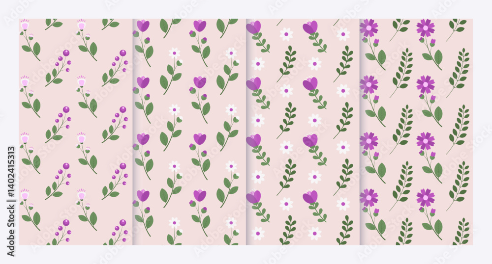Collection of four floral patterns with pink and white flowers Collection of four floral patterns with pink and white flowers