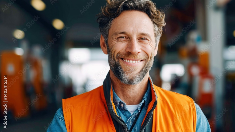 Naklejka premium A smiling worker poses with a happy expression, wearing a vibrant orange vest.