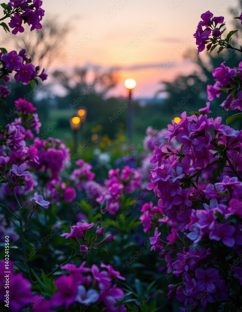 Obraz premium Dusk light bathes fragrant blossoms in a vibrant, tranquil garden, shadows, floral, tranquility