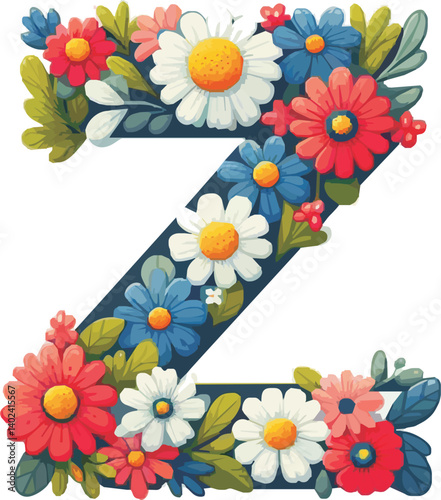 Doodle flower letter Z. Floral element of colorful alphabet made from flower