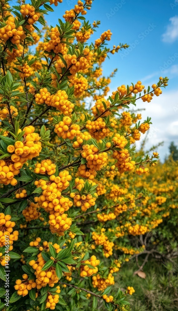 Fototapeta premium Low-growing sea buckthorn bush laden with vibrant yellow berries and blossoms, shrub, natural, closeup