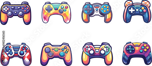 Various Colorful Video Game Controllers in Vector Art Style Perfect for Digital Projects