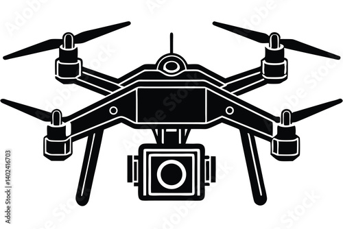 Isolated black and white drone with camera illustration, unmanned aerial vehicle glyph style.
