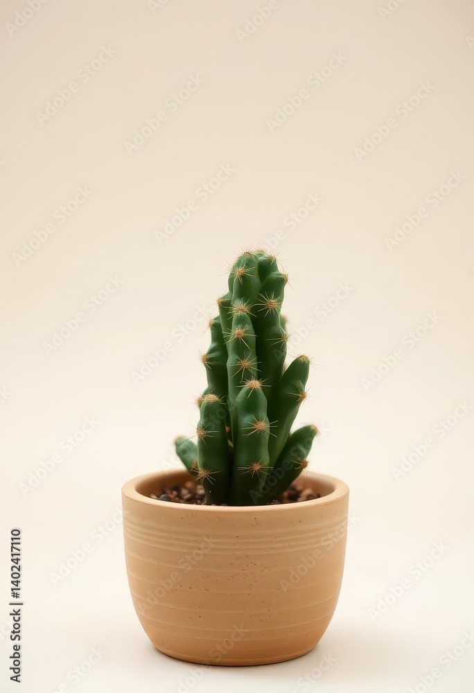 Single green cactus stem in small ceramic pot, minimalist desert scene, image, plant pot, vertical Single green cactus stem in small ceramic pot, minimalist desert scene, image, plant pot, vertical