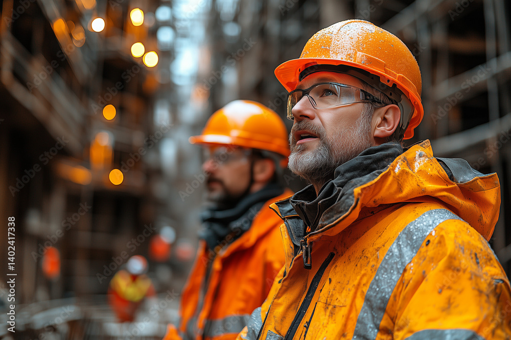 Two construction workers are discussing plans at a construction site. Two construction workers are discussing plans at a construction site.