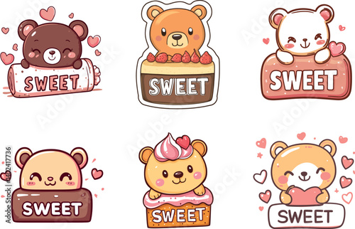 Cute Sweet-Themed Vector Icons Featuring Adorable Bear Illustrations and Desserts