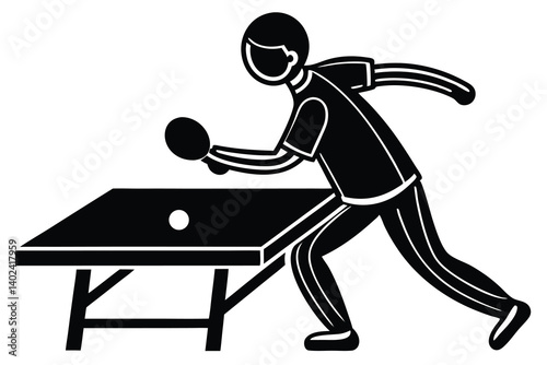 Table Tennis Player in Action, Monochrome Illustration Style, Black and White Graphic Design