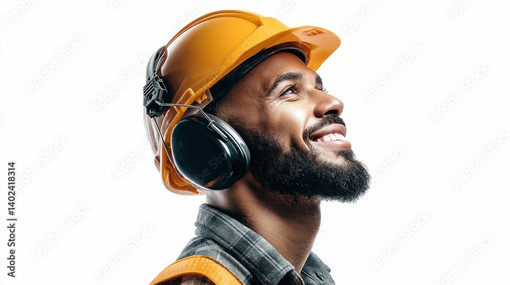 A smiling construction worker looks up, wearing a hard hat and safety equipment on a white background.