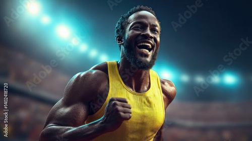 A triumphant athlete is ecstatic after a race, celebrating his success with exhilaration under the bright lights.