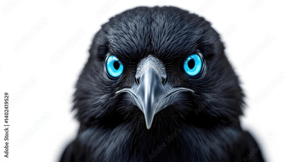 Fototapeta premium Majestic Black Bird with Striking Blue Eyes Intense Wildlife Closeup