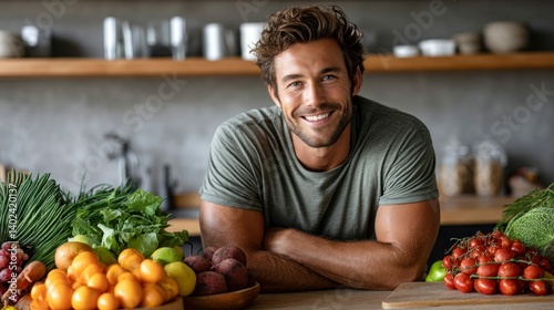 A handsome man smiles while standing next to fresh, colorful vegetables and fruits.