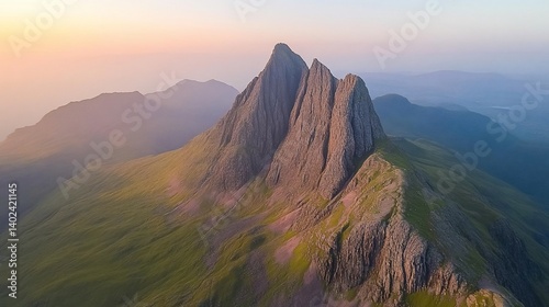 Dramatic mountain peak at sunrise.  Misty, dramatic landscape, rugged peak