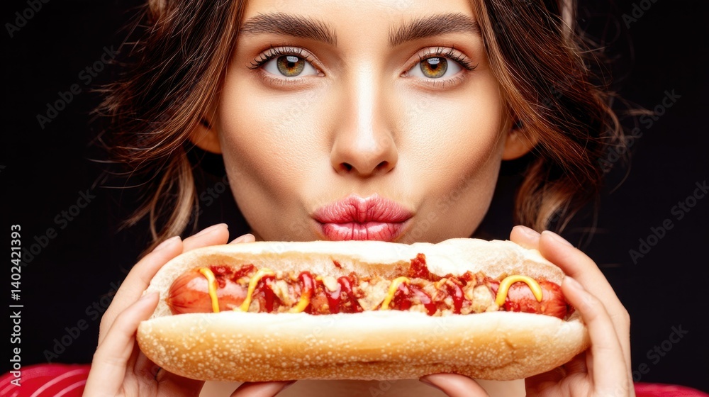 A stunning woman puckers her lips, holding a delicious hot dog with mustard and ketchup ready to eat. A stunning woman puckers her lips, holding a delicious hot dog with mustard and ketchup ready to eat.