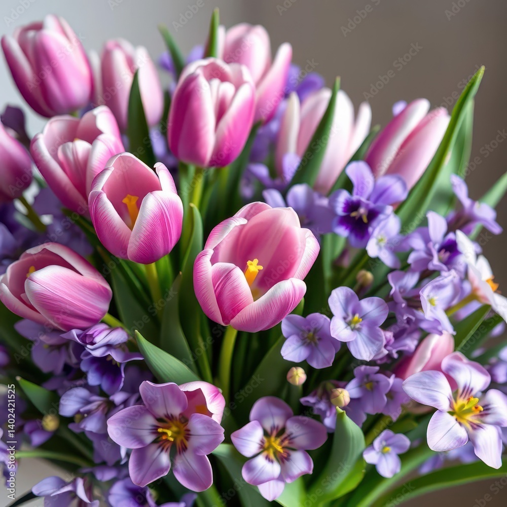 Pastel purple tulips and violets in a whimsical spring bouquet, bouquet, spring