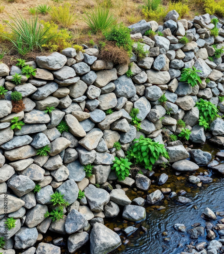 Riverbank retaining wall of rough stones, wild plants, rocky riverbed, rocks, rubble Riverbank retaining wall of rough stones, wild plants, rocky riverbed, rocks, rubble