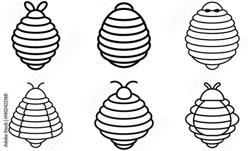 Beehive and Bee Silhouettes Black Vector Icons