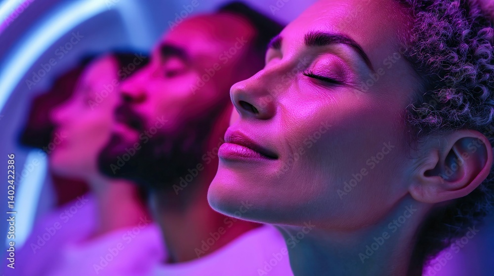 A diverse group of people in a futuristic scene, bathed in vibrant purple and blue neon lights.