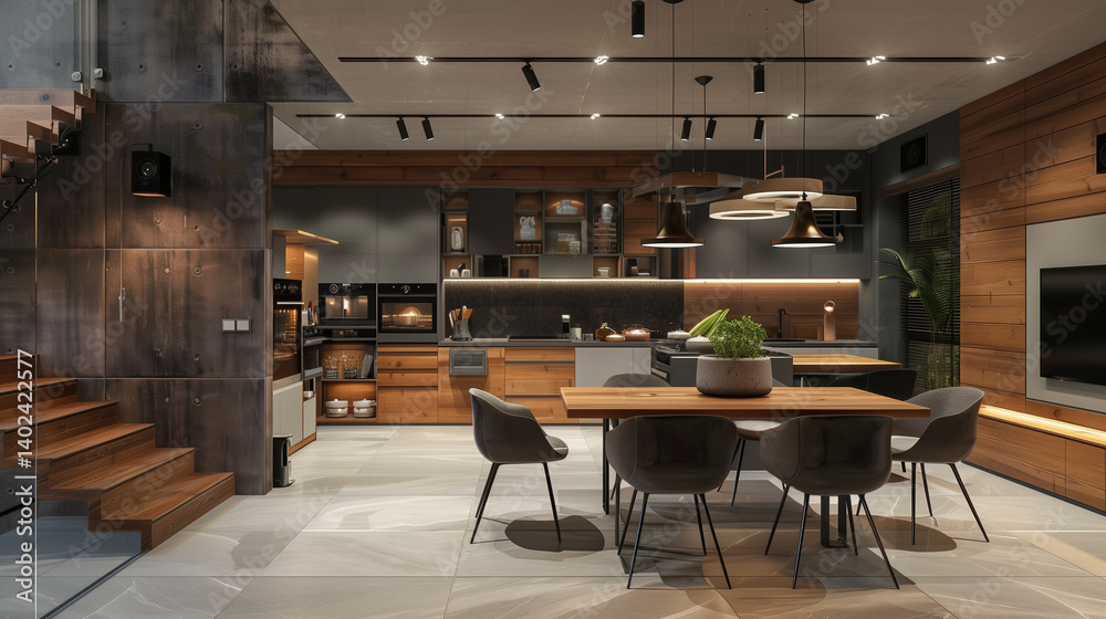 Fototapeta premium Modern kitchen with dining area and warm lighting.