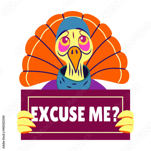 Flat style sticker showing a turkey saying excuse me