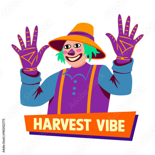 Flat sticker depicting a scarecrow with harvest vibe typography