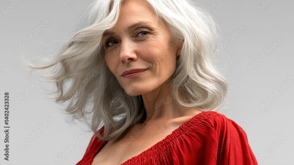 Elegant mature woman with silver hair smiles, wearing a red top, in a studio portrait.