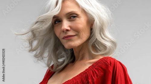 Obraz na płótnie Elegant mature woman with silver hair smiles, wearing a red top, in a studio portrait. w salonie