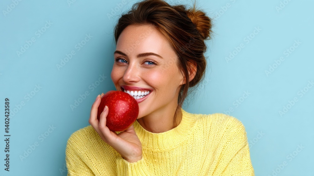 Smiling woman holding a red apple shows off her healthy teeth and bright face. Smiling woman holding a red apple shows off her healthy teeth and bright face.