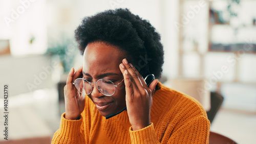 Woman, pain and headache for call center at house of brain fog, consultant burnout and crm mistake. Person, headset and migraine tension of telecom error, strain discomfort and dizzy of work pressure
