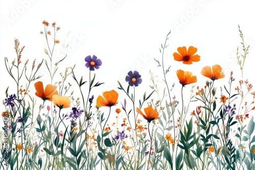 Vibrant wildflowers in a summer meadow orange purple flowers botanical art
