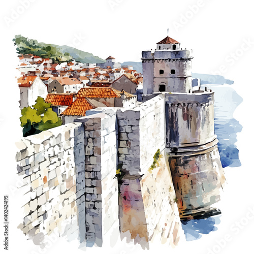 illustration of Old City Walls Of Dubrovnik, watercolor vector, isolated on a white background.
