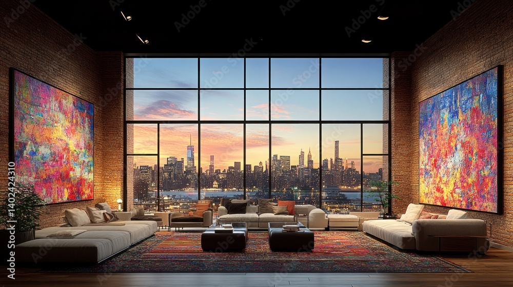 Fototapeta premium Modern loft apartment with city view, large windows, colorful artwork, and comfortable seating.