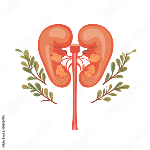 Detailed Illustration of Human Kidneys with Botanical Accents